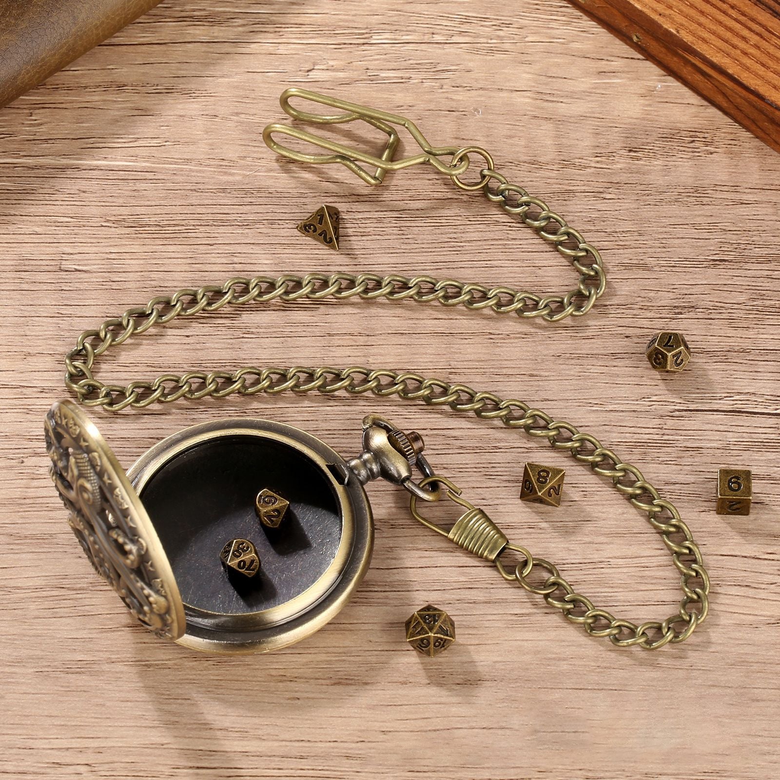 Würfel Taschenuhr - Octopus Design | inkl. 7 teiliges Mini Metallwürfelset