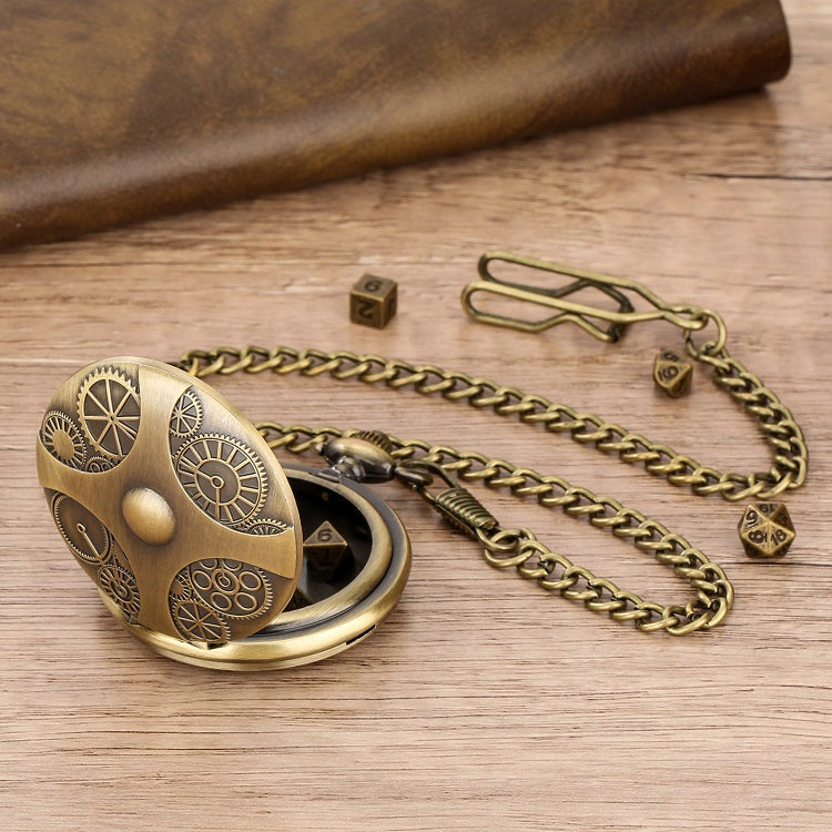 Würfel Taschenuhr - Uhrwerk Design | inkl. 7 teiliges Mini Metallwürfelset