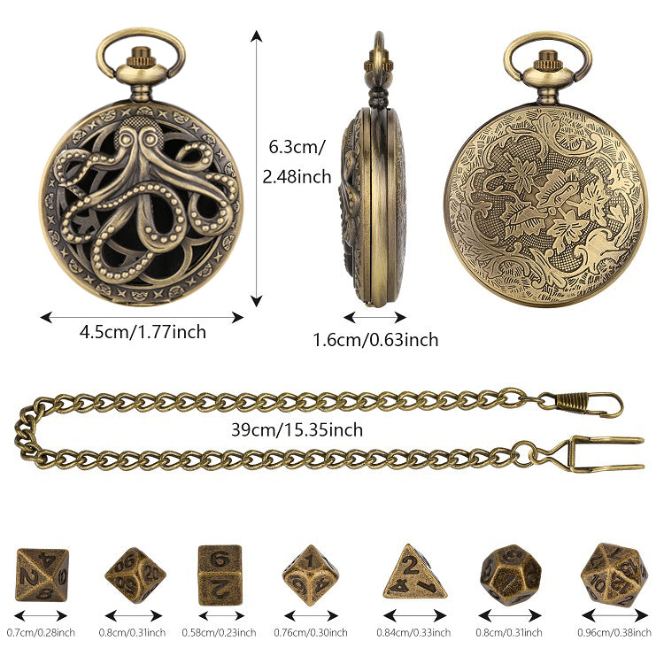 Würfel Taschenuhr - Octopus Design | inkl. 7 teiliges Mini Metallwürfelset