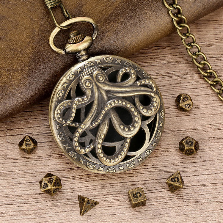 Würfel Taschenuhr - Octopus Design | inkl. 7 teiliges Mini Metallwürfelset