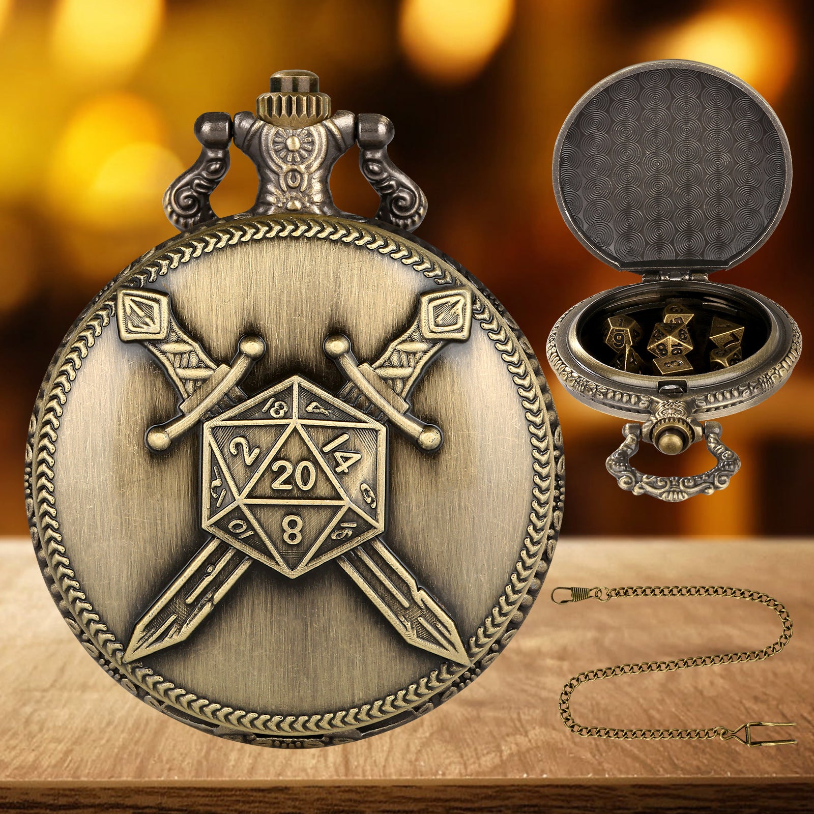 Bronzeschwert - Würfel Taschenuhr | inkl. 7 teiliges Mini Metallwürfelset