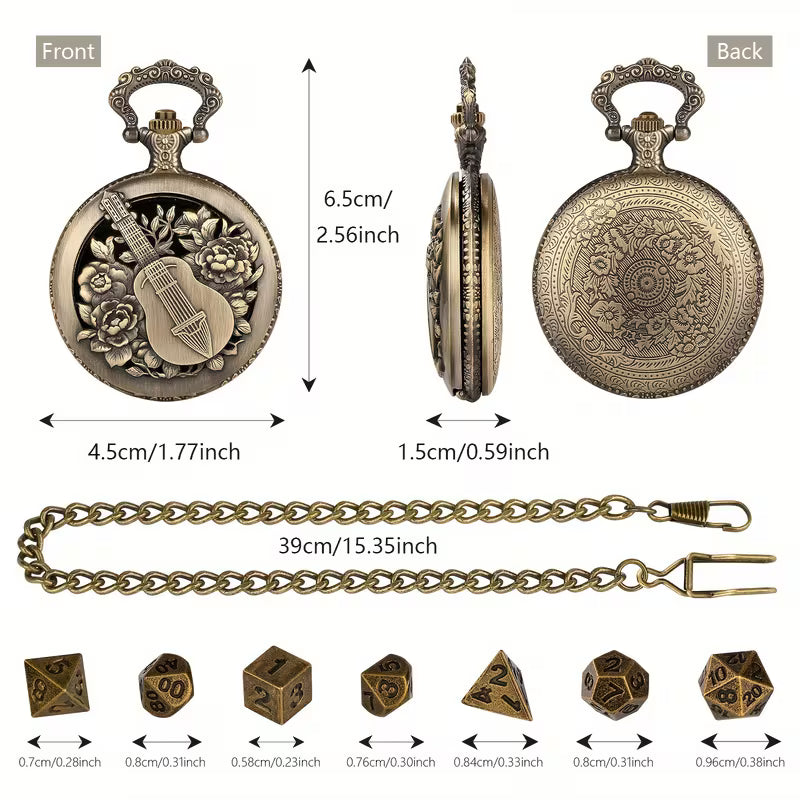 Barden - Würfel Taschenuhr | inkl. 7 teiliges Mini Metallwürfelset | Uhr