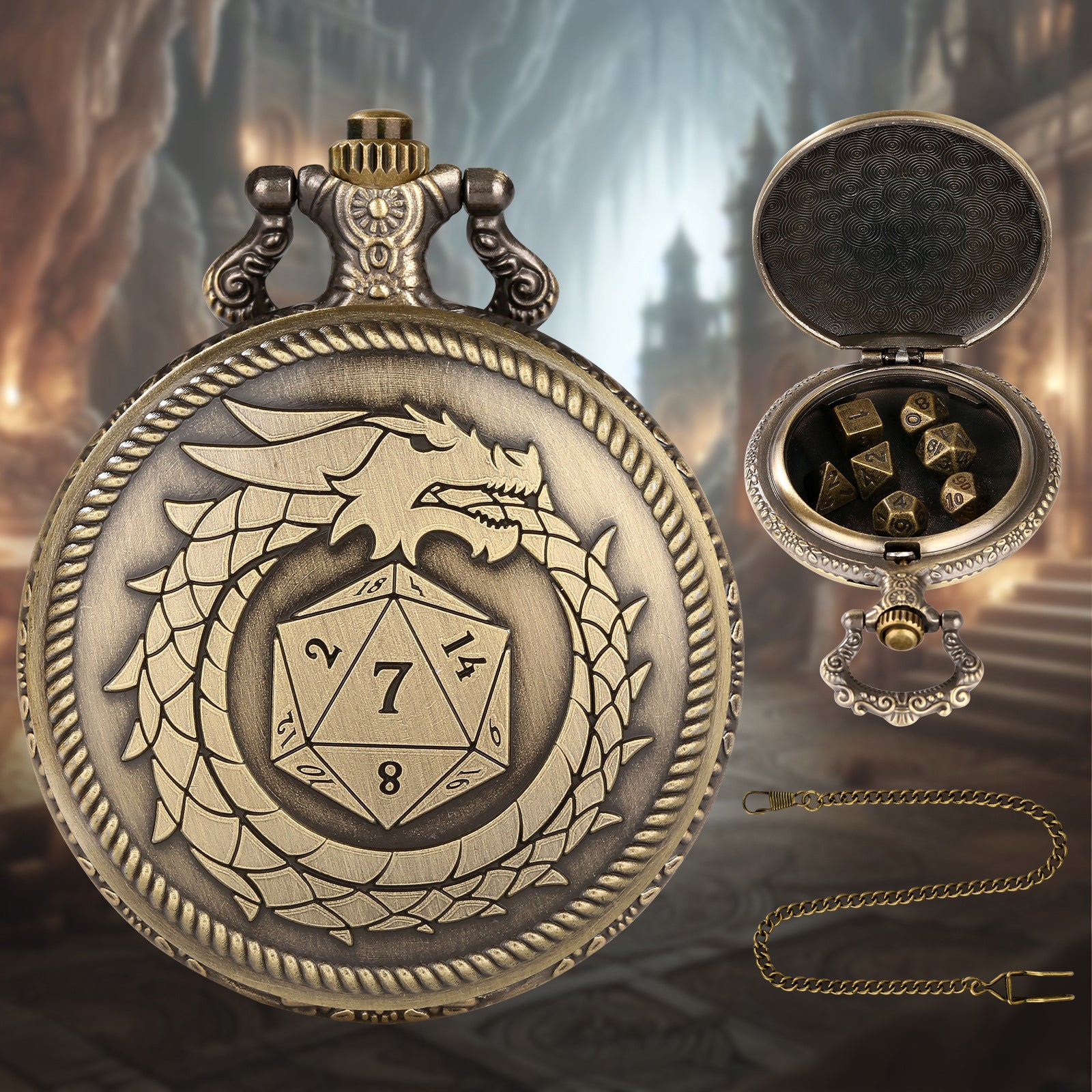Infinity Dragon D20 - Würfel Taschenuhr | inkl. 7 teiliges Mini Metallwürfelset
