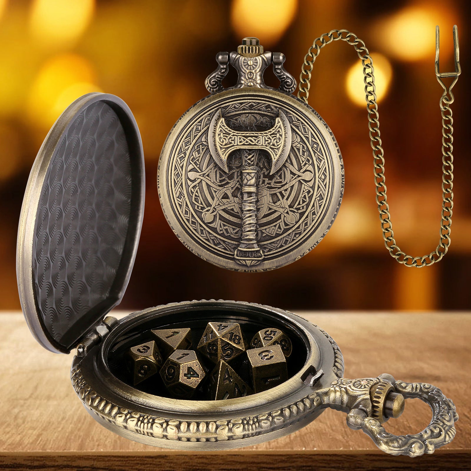 Bronzeschwert - Würfel Taschenuhr | inkl. 7 teiliges Mini Metallwürfelset