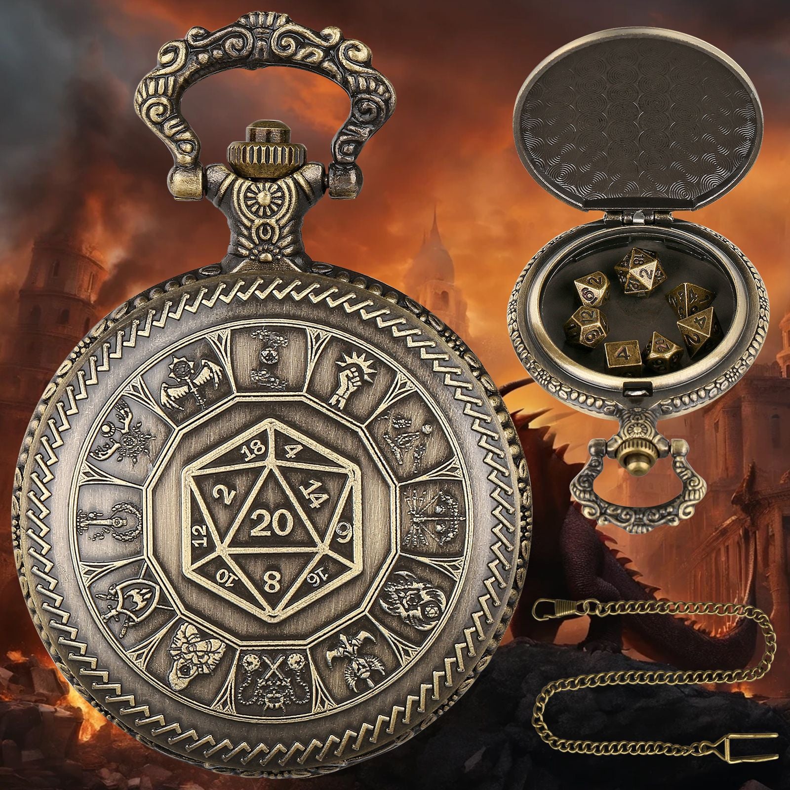 Nat20 Würfel Taschenuhr mit Klassenrunen | inkl. 7 teiliges Mini Metallwürfelset