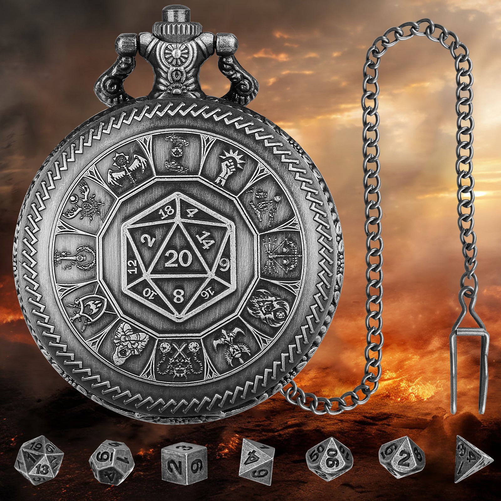 Nat20 Würfel Taschenuhr mit Klassenrunen | inkl. 7 teiliges Mini Metallwürfelset