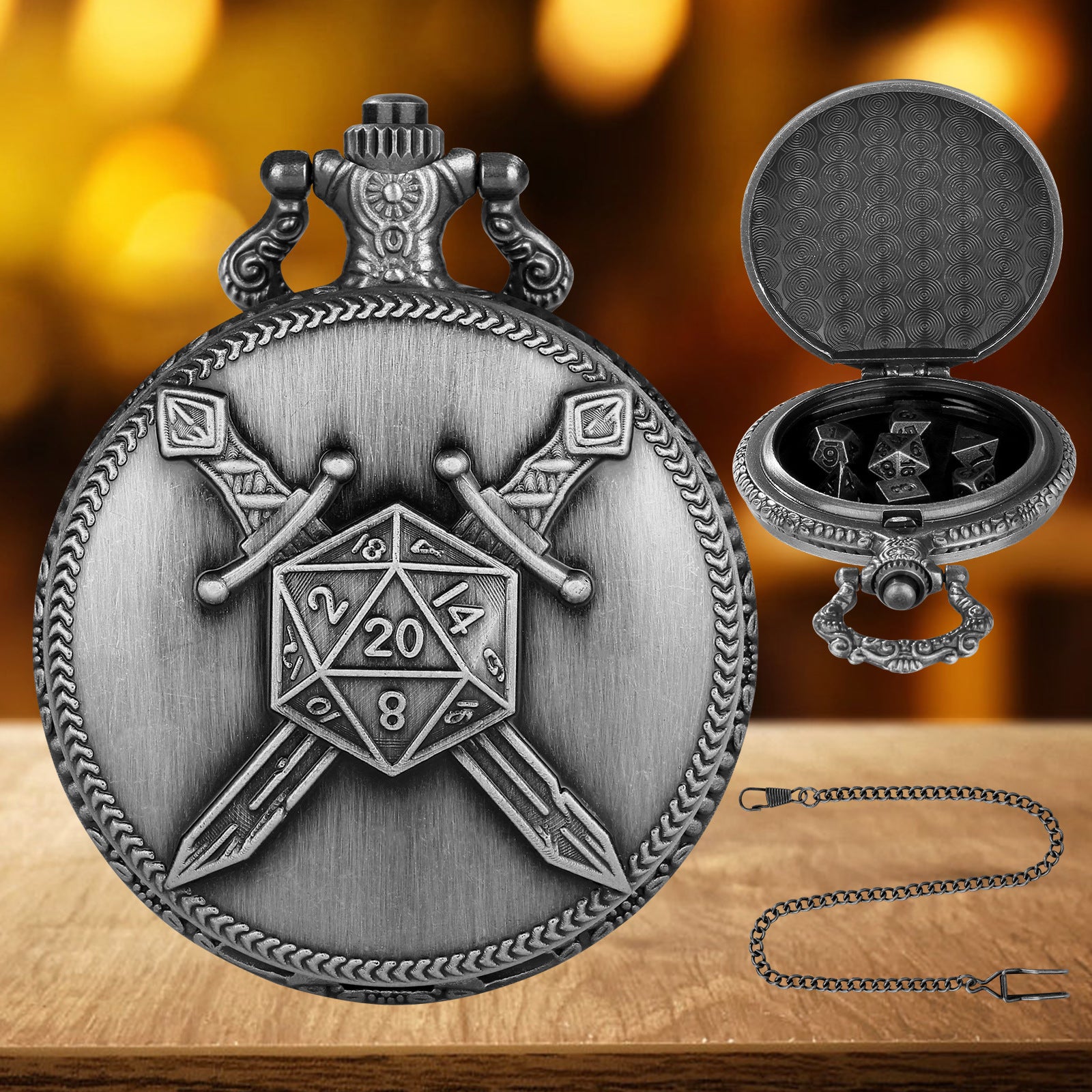 Silberschwert - Würfel Taschenuhr | inkl. 7 teiliges Mini Metallwürfelset