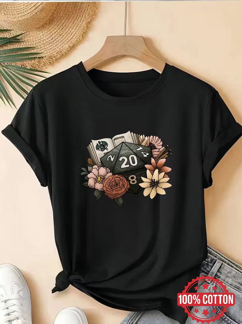 D20 Flower & Books | D&D Fan T-Shirt