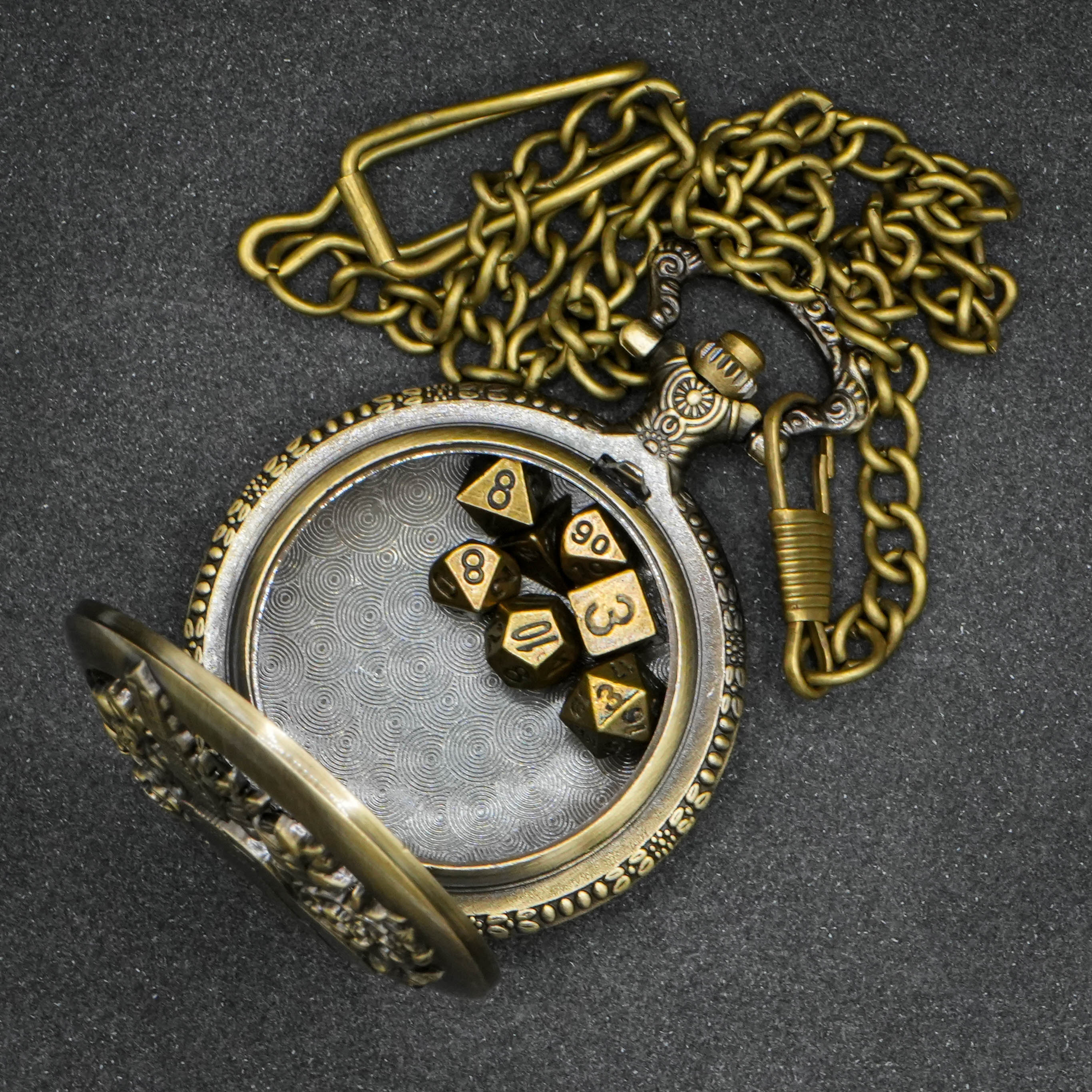 Barden - Würfel Taschenuhr | inkl. 7 teiliges Mini Metallwürfelset | Uhr