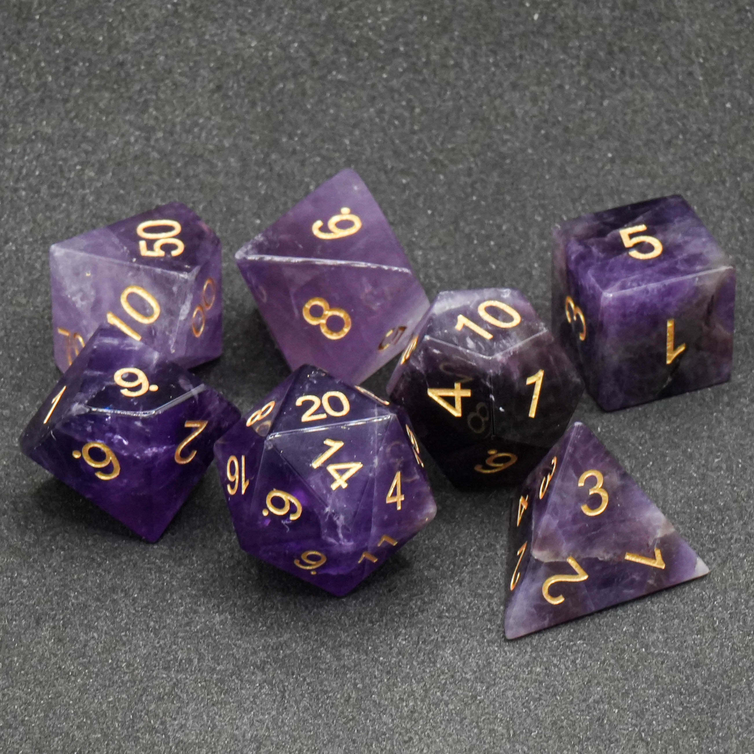 Amethyst Gemdice Set - Edelsteinwürfel | 7-teiliges Premium Würfelset mit Würfelbeutel