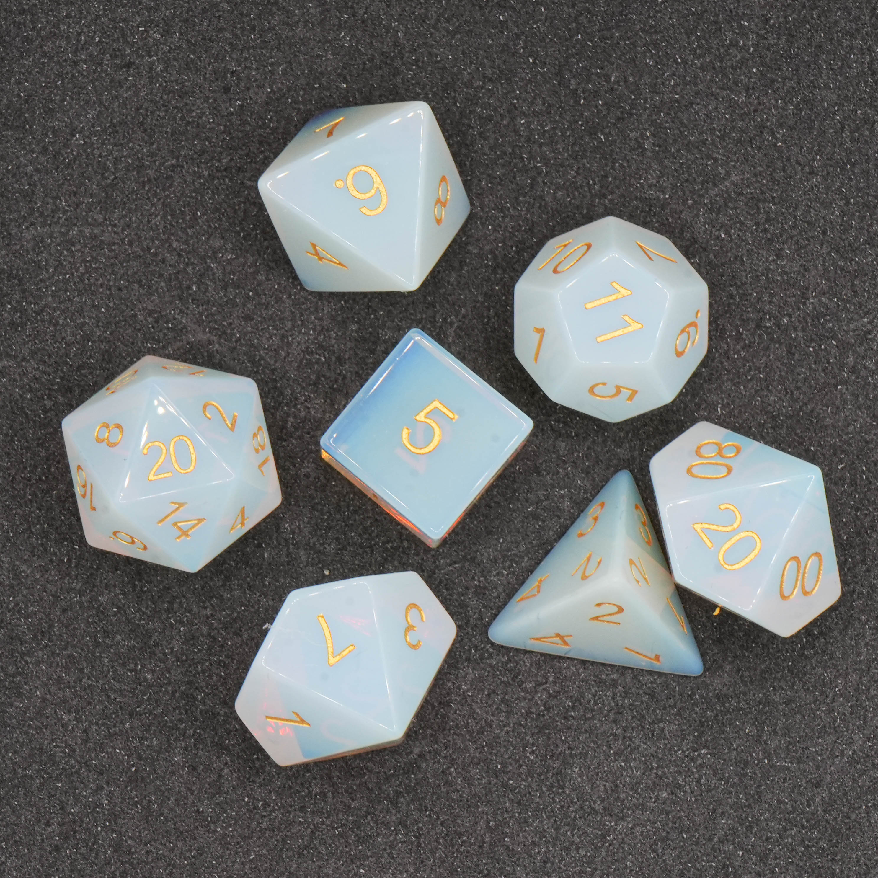 Opal Gemdice Set - Edelsteinwürfel | 7-teiliges Premium Würfelset mit Würfelbeutel