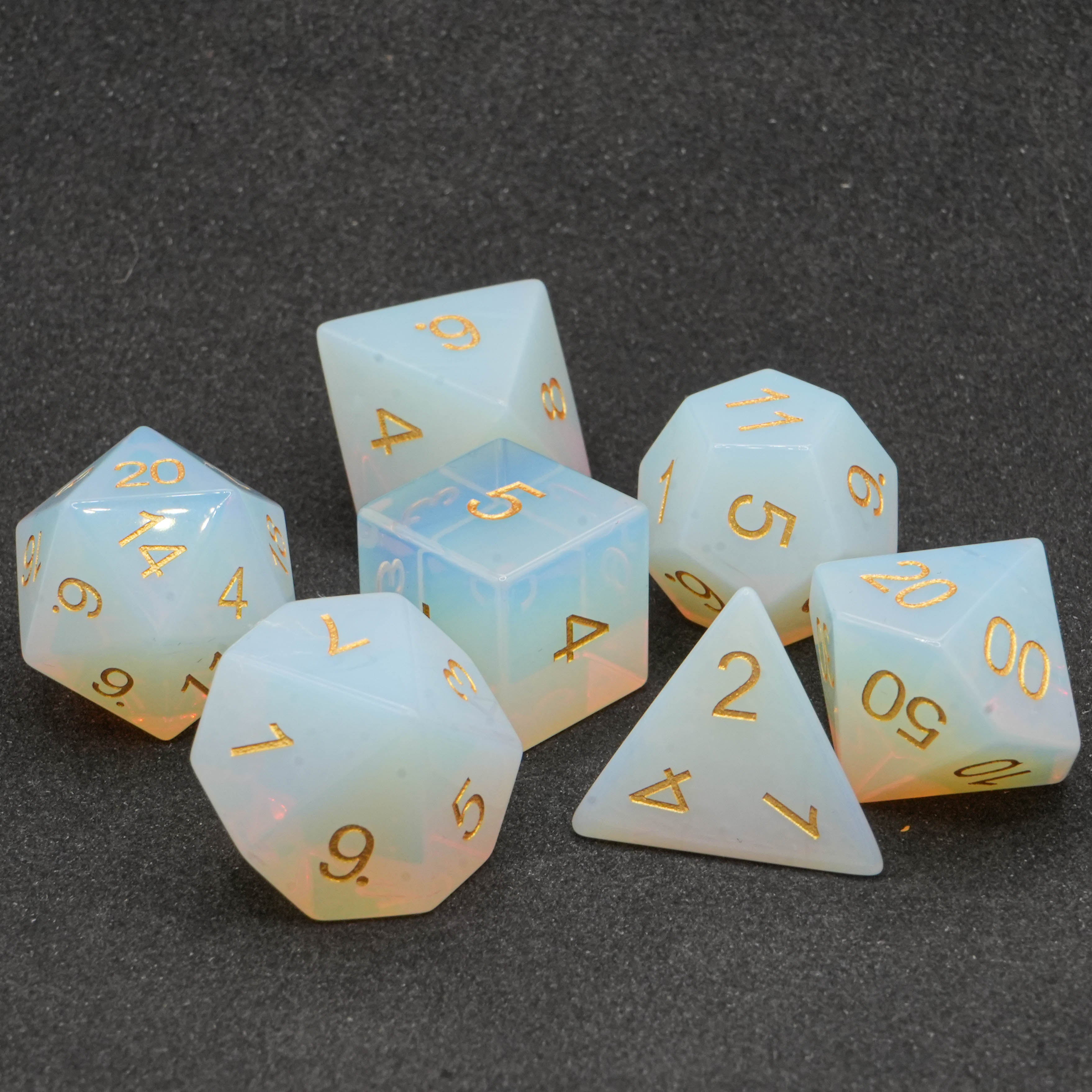 Opal Gemdice Set - Edelsteinwürfel | 7-teiliges Premium Würfelset mit Würfelbeutel