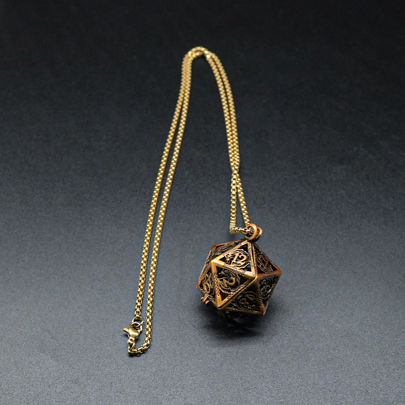 D20 Würfelkette Bronze | mit Würfeln | Aufklappbar aus Metall | Halskette