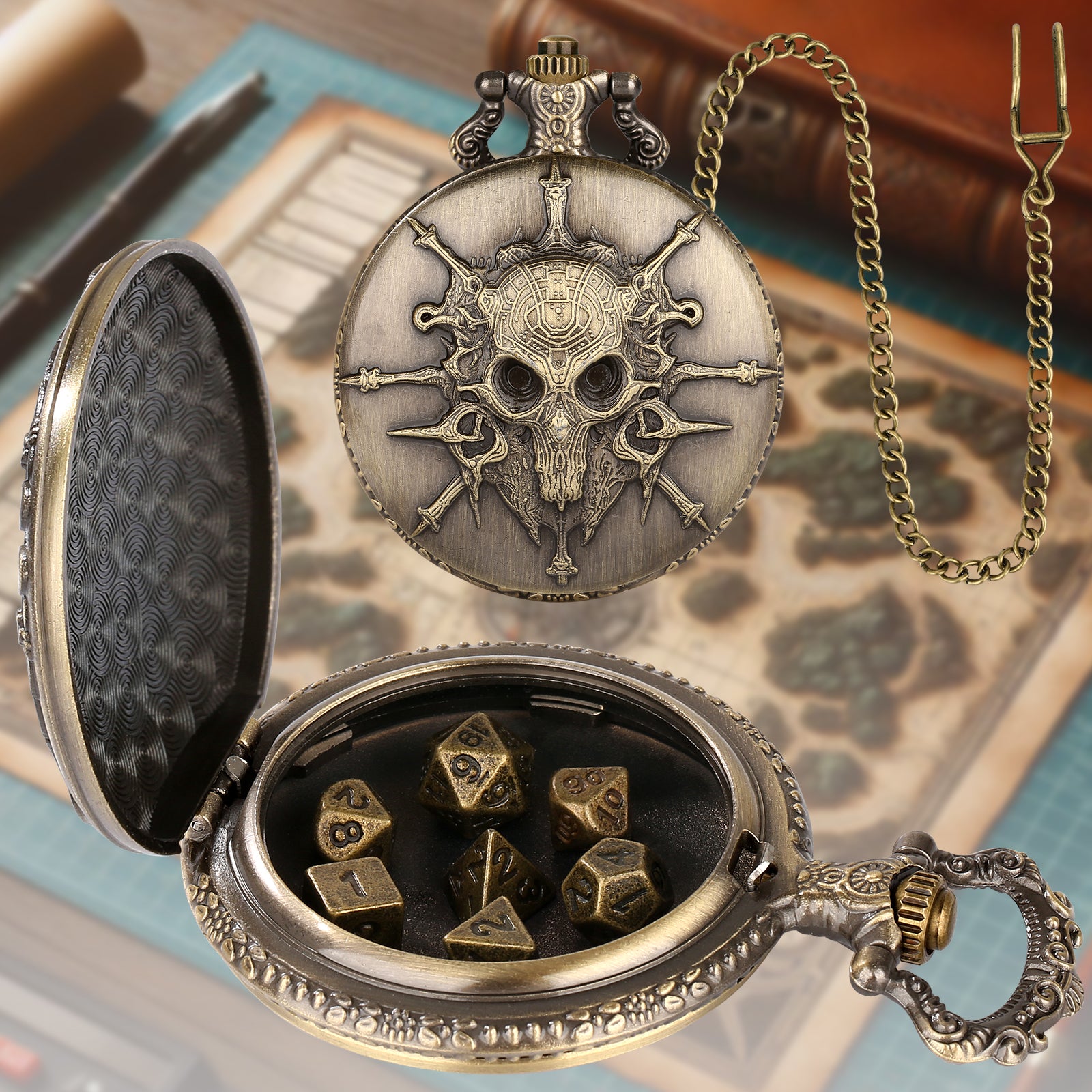 Skull - Würfel Taschenuhr | inkl. 7 teiliges Mini Metallwürfelset