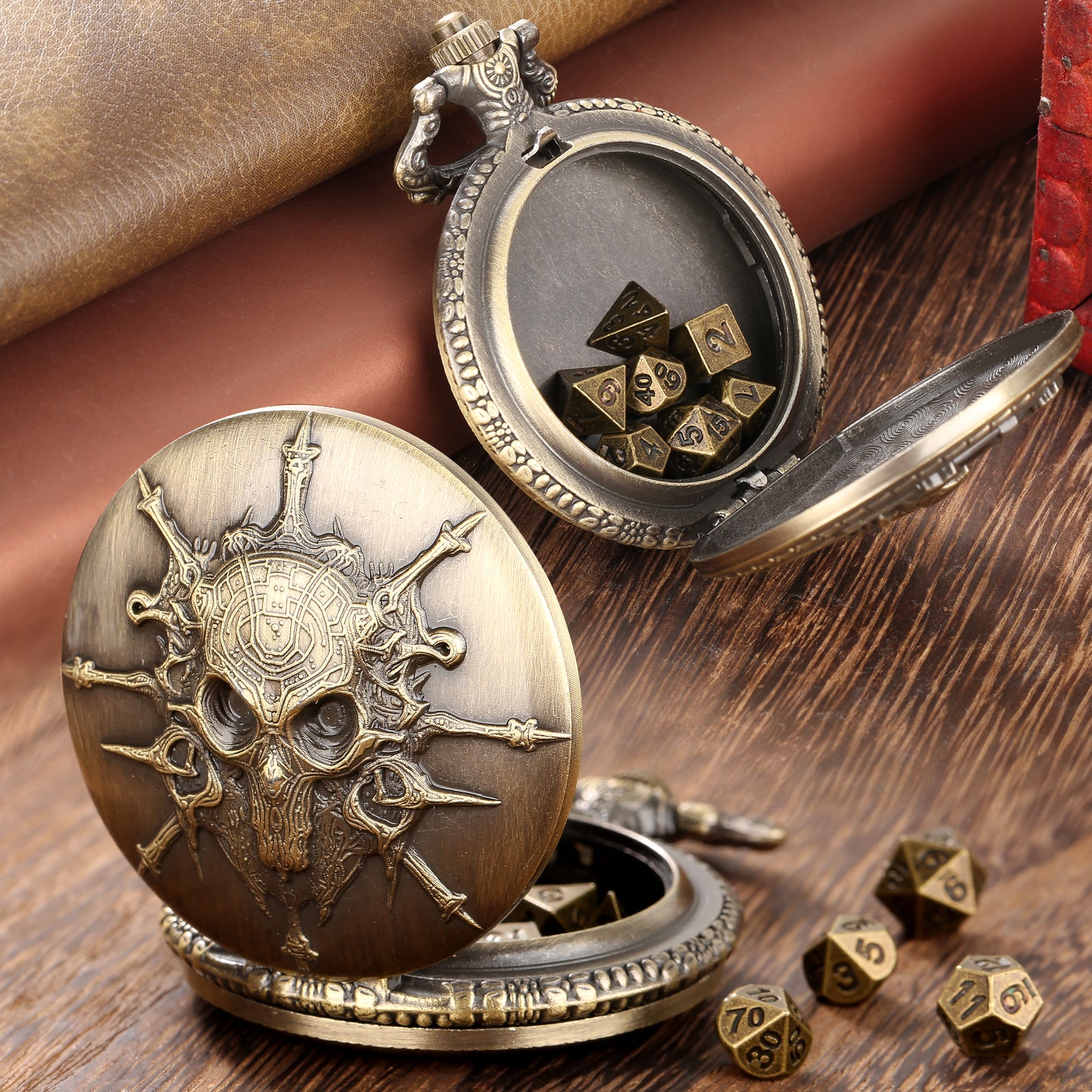 Skull - Würfel Taschenuhr | inkl. 7 teiliges Mini Metallwürfelset