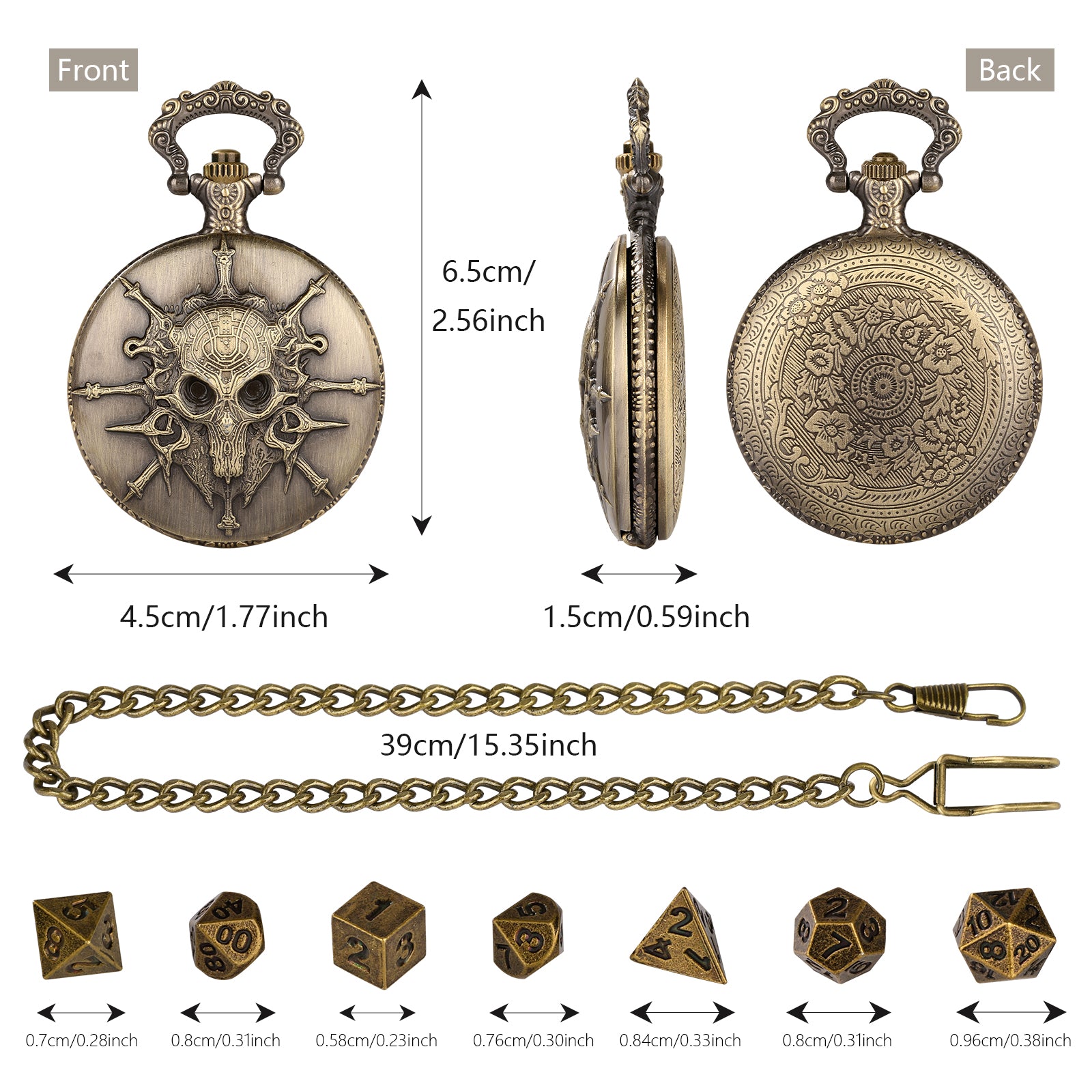 Skull - Würfel Taschenuhr | inkl. 7 teiliges Mini Metallwürfelset