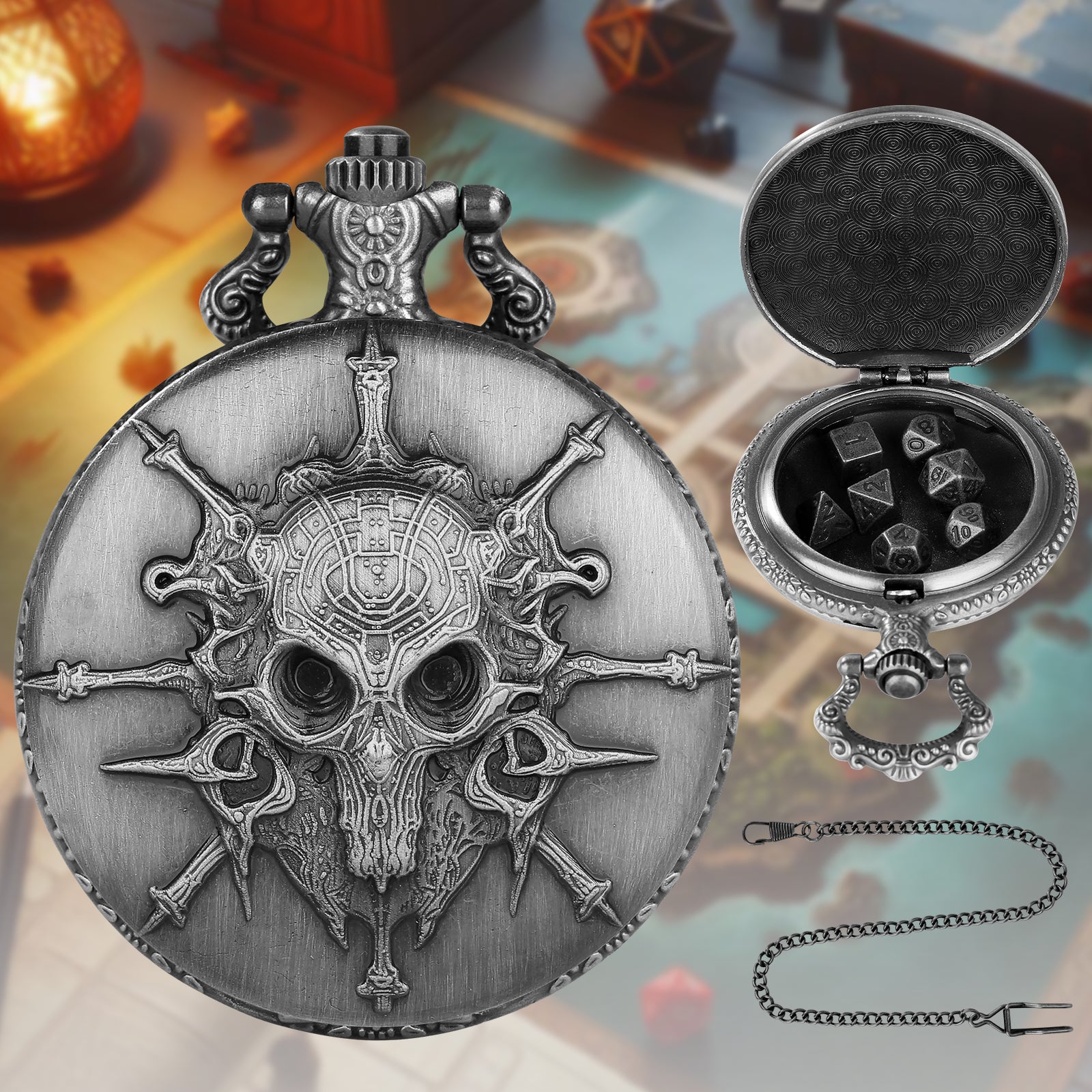Skull - Würfel Taschenuhr | inkl. 7 teiliges Mini Metallwürfelset
