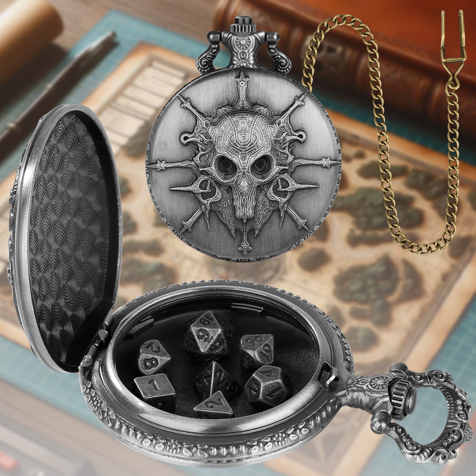 Skull - Würfel Taschenuhr | inkl. 7 teiliges Mini Metallwürfelset
