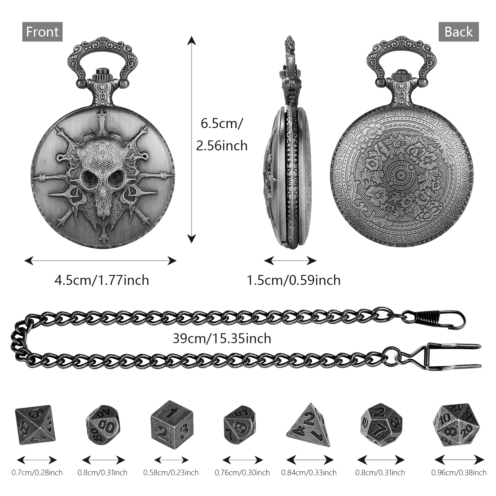 Skull - Würfel Taschenuhr | inkl. 7 teiliges Mini Metallwürfelset