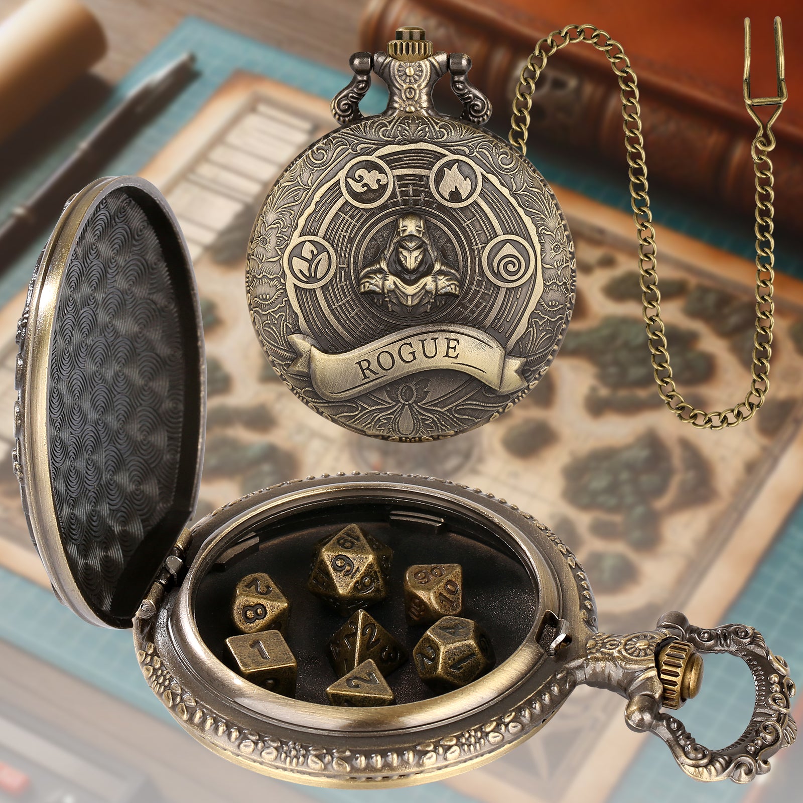 Rogue - Würfel Taschenuhr | inkl. 7 teiliges Mini Metallwürfelset