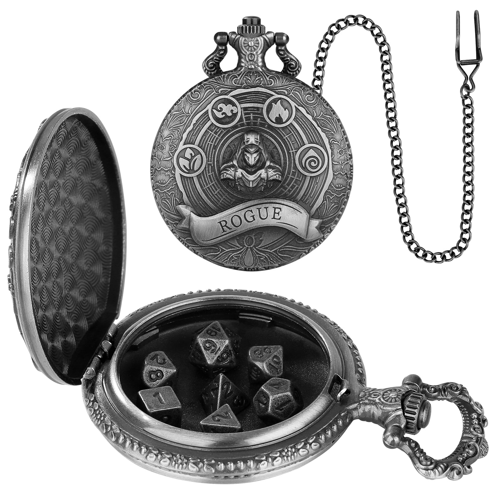 Rogue - Würfel Taschenuhr | inkl. 7 teiliges Mini Metallwürfelset