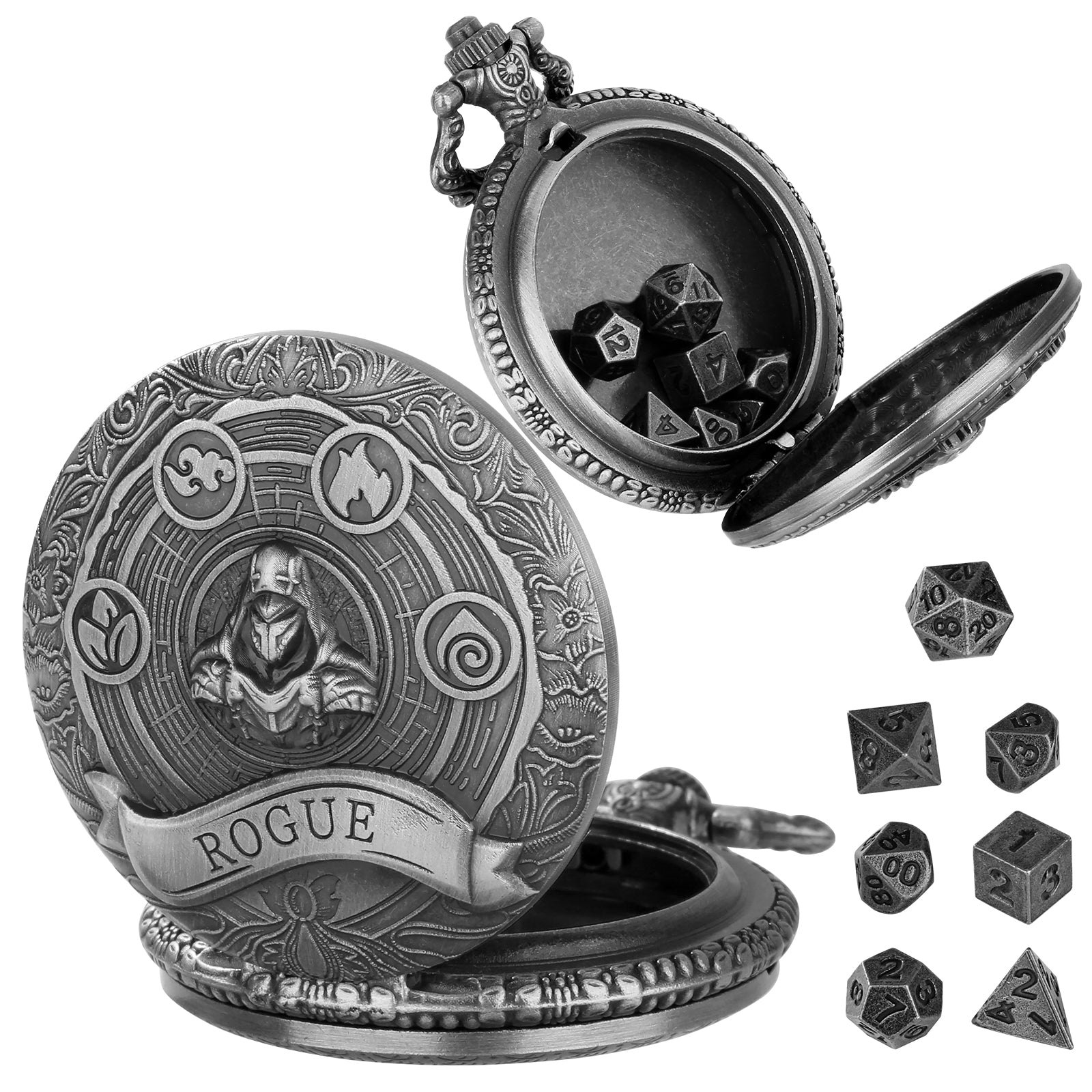 Rogue - Würfel Taschenuhr | inkl. 7 teiliges Mini Metallwürfelset
