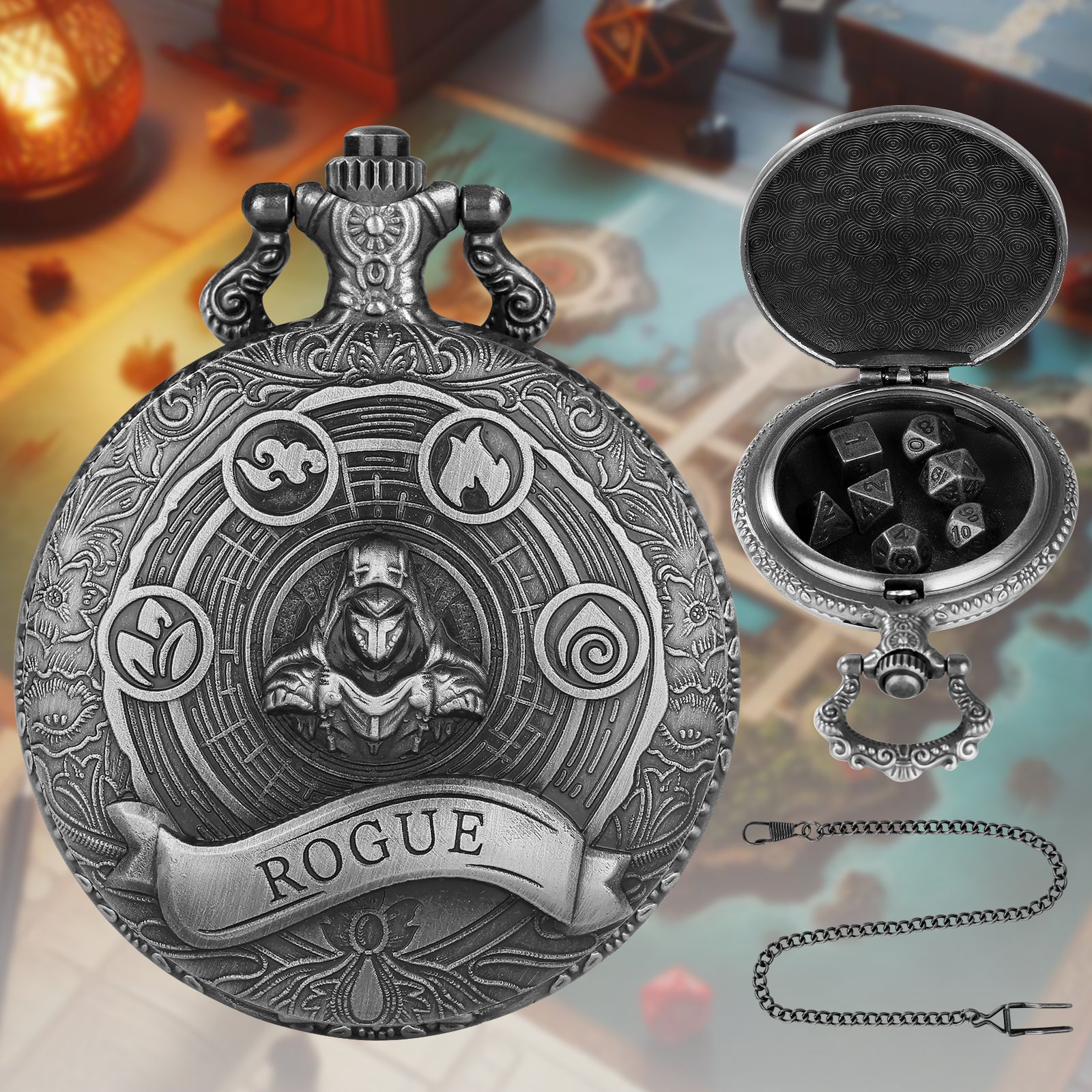 Rogue - Würfel Taschenuhr | inkl. 7 teiliges Mini Metallwürfelset