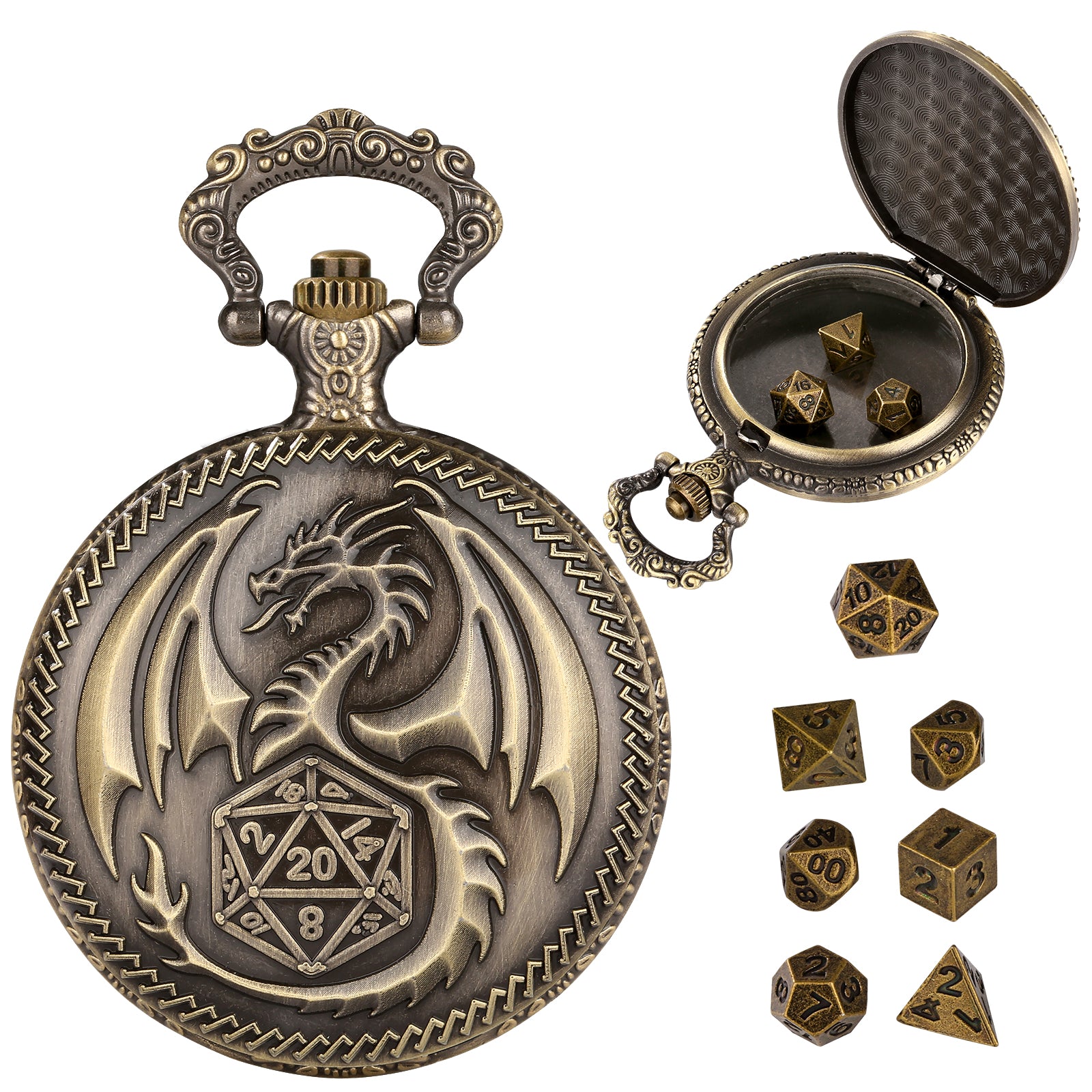 Nat20 Dragon - Würfel Taschenuhr | inkl. 7 teiliges Mini Metallwürfelset