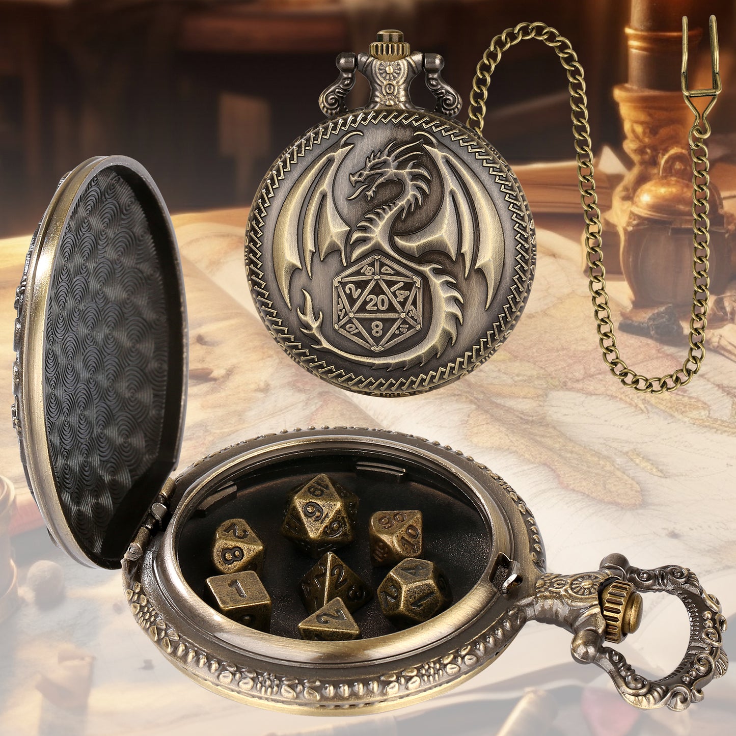 Nat20 Dragon - Würfel Taschenuhr | inkl. 7 teiliges Mini Metallwürfelset