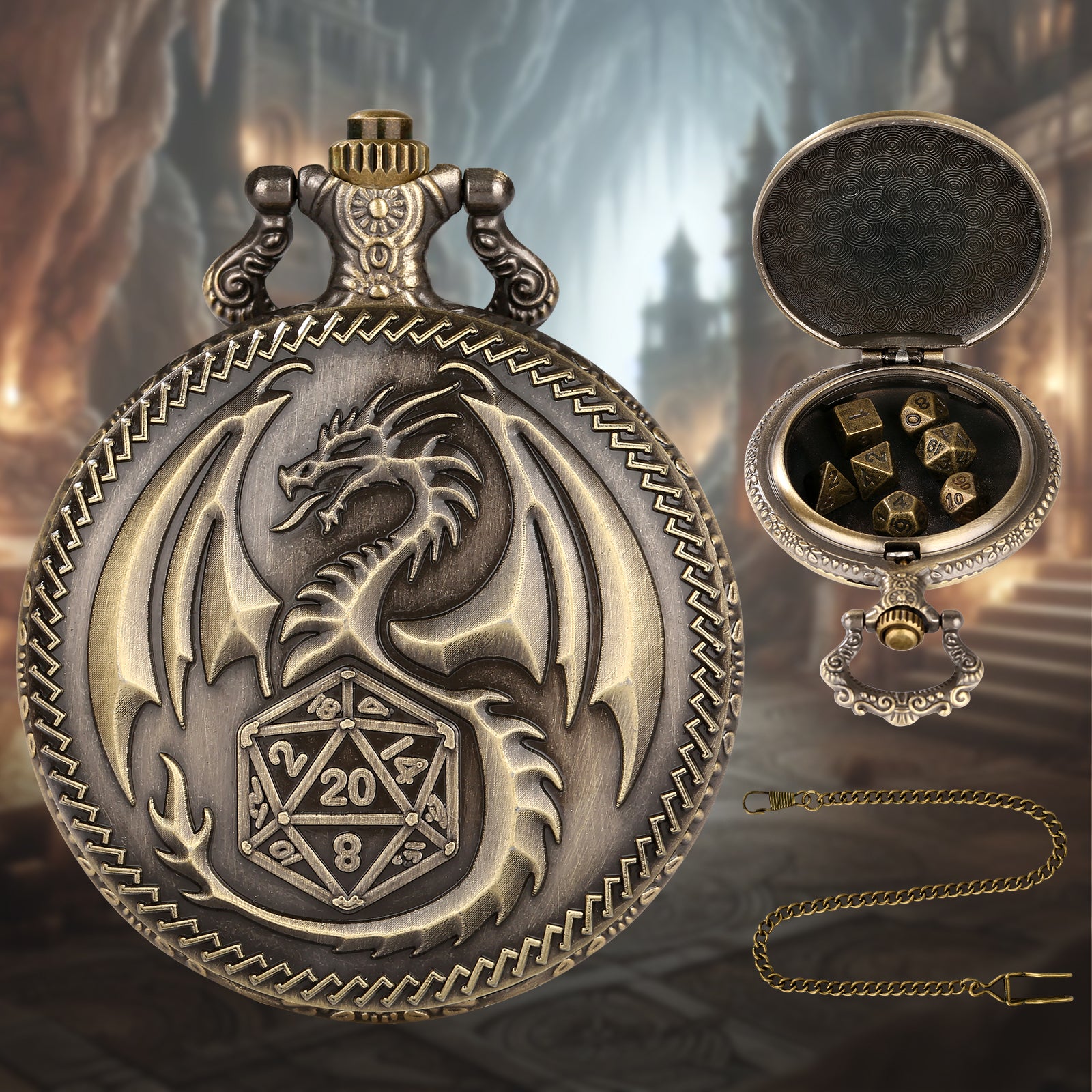 Nat20 Dragon - Würfel Taschenuhr | inkl. 7 teiliges Mini Metallwürfelset