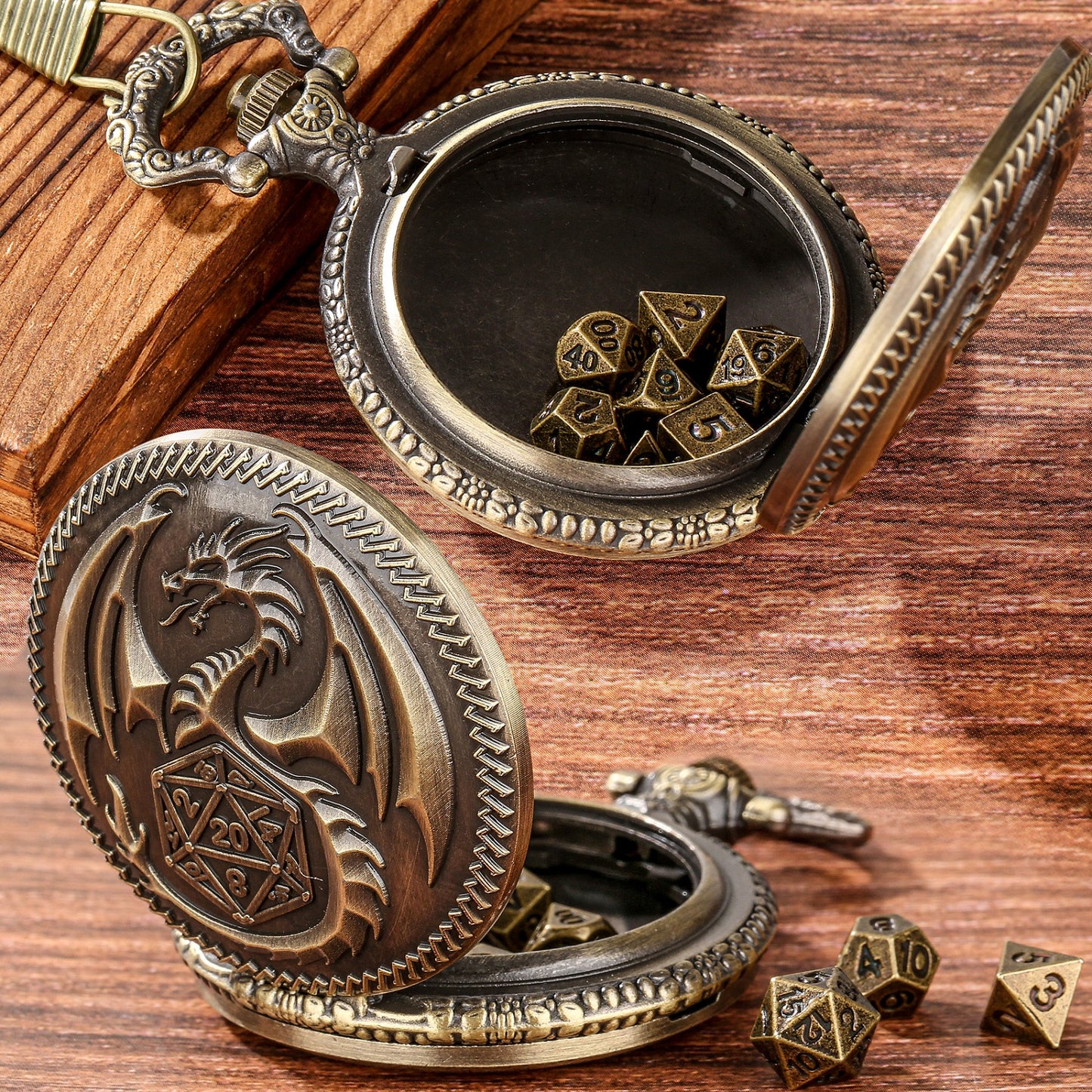Nat20 Dragon - Würfel Taschenuhr | inkl. 7 teiliges Mini Metallwürfelset