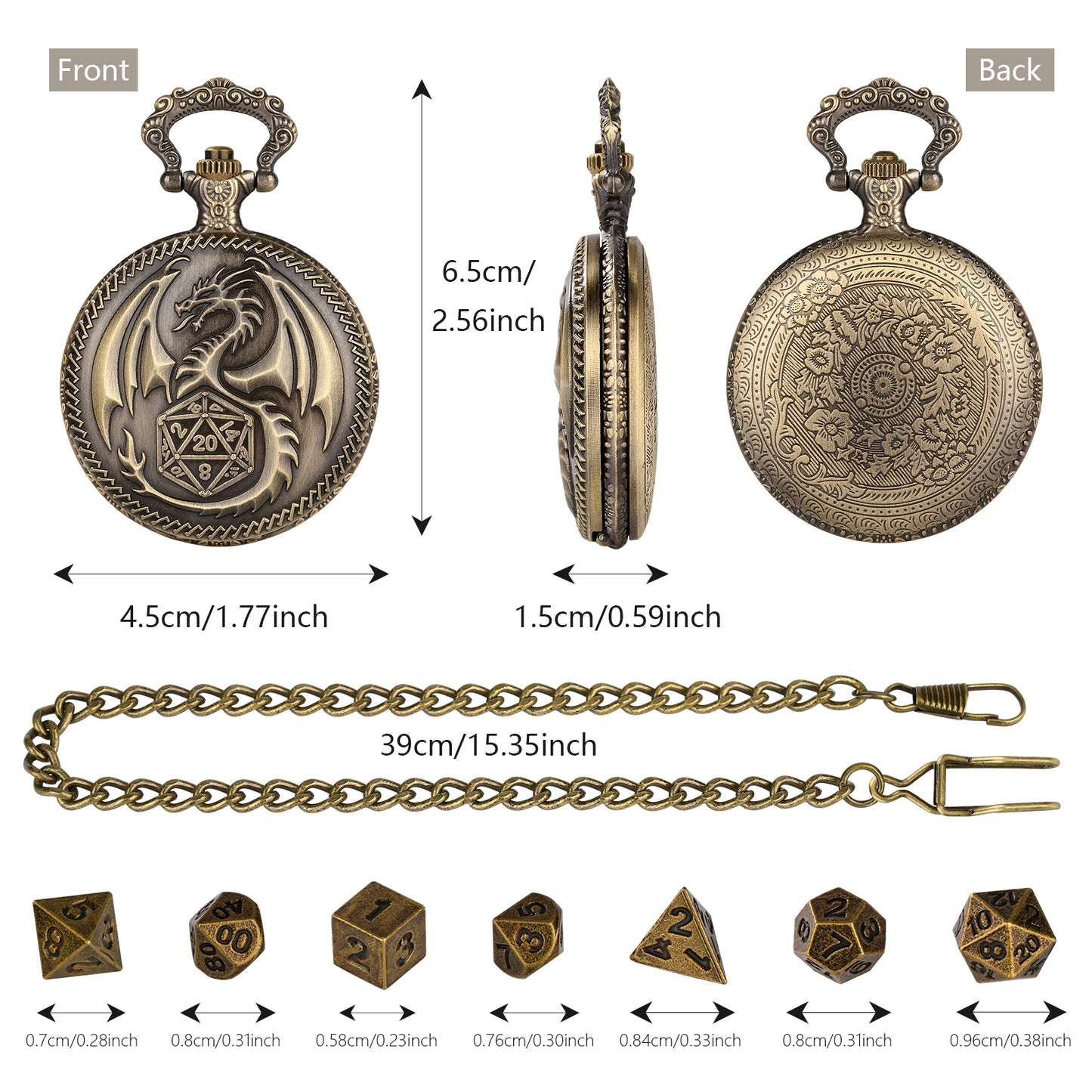 Nat20 Dragon - Würfel Taschenuhr | inkl. 7 teiliges Mini Metallwürfelset