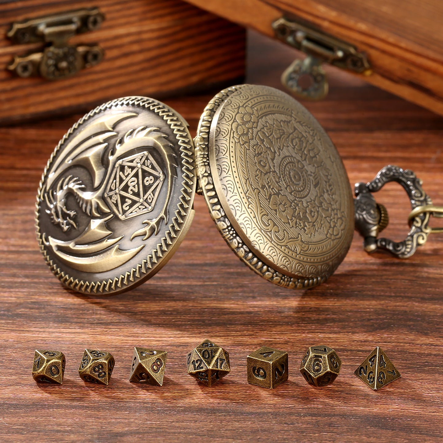 Nat20 Dragon - Würfel Taschenuhr | inkl. 7 teiliges Mini Metallwürfelset