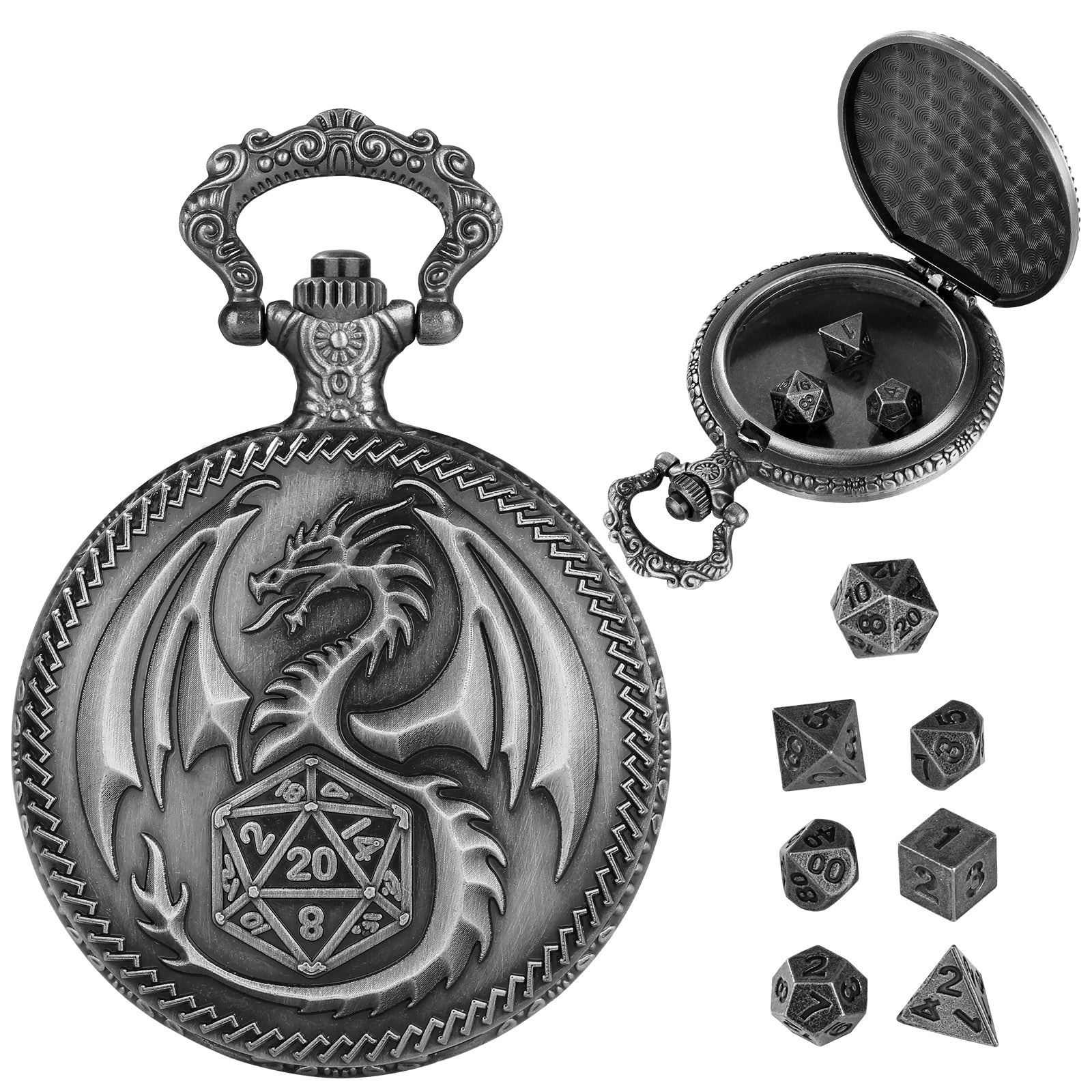 Nat20 Dragon - Würfel Taschenuhr | inkl. 7 teiliges Mini Metallwürfelset