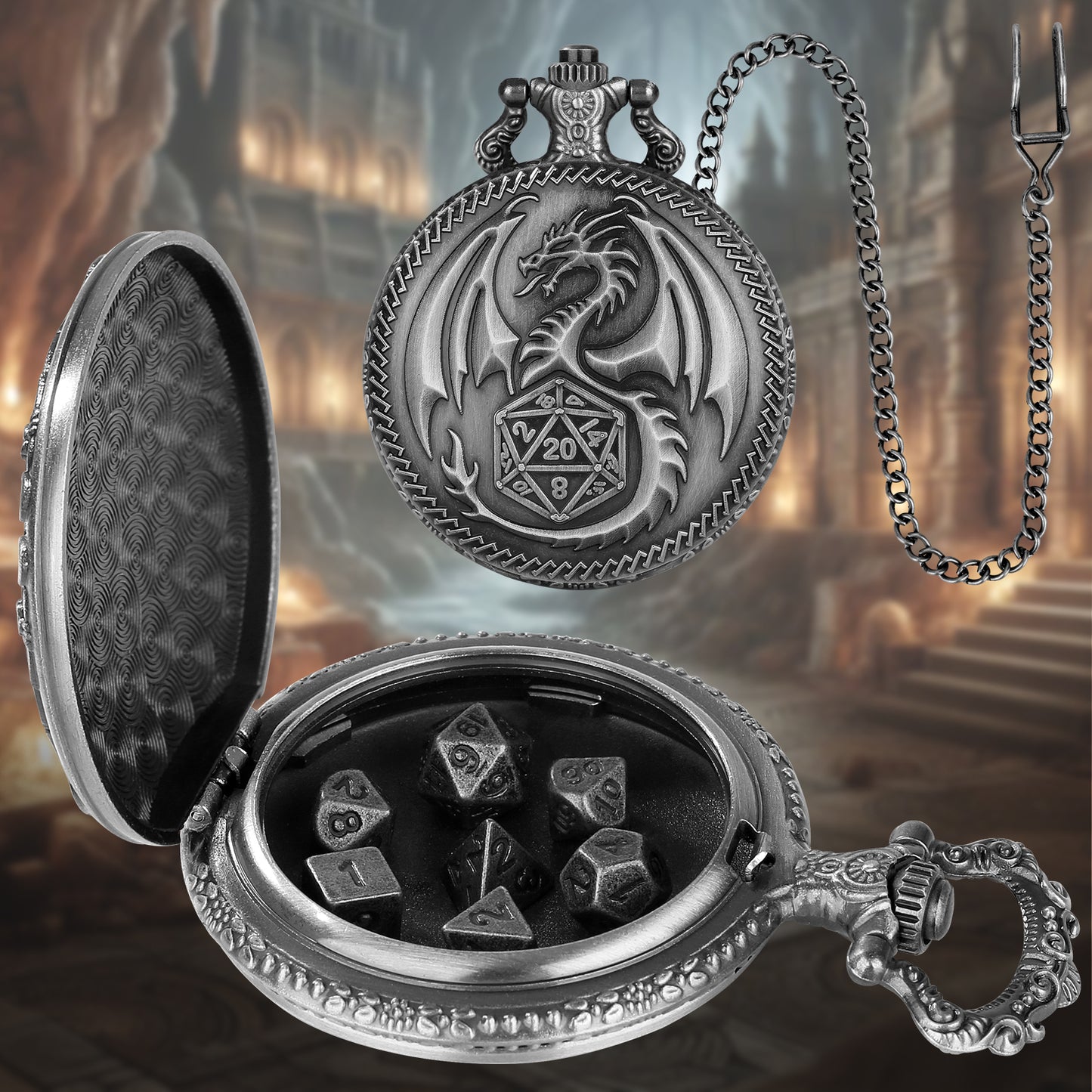 Nat20 Dragon - Würfel Taschenuhr | inkl. 7 teiliges Mini Metallwürfelset