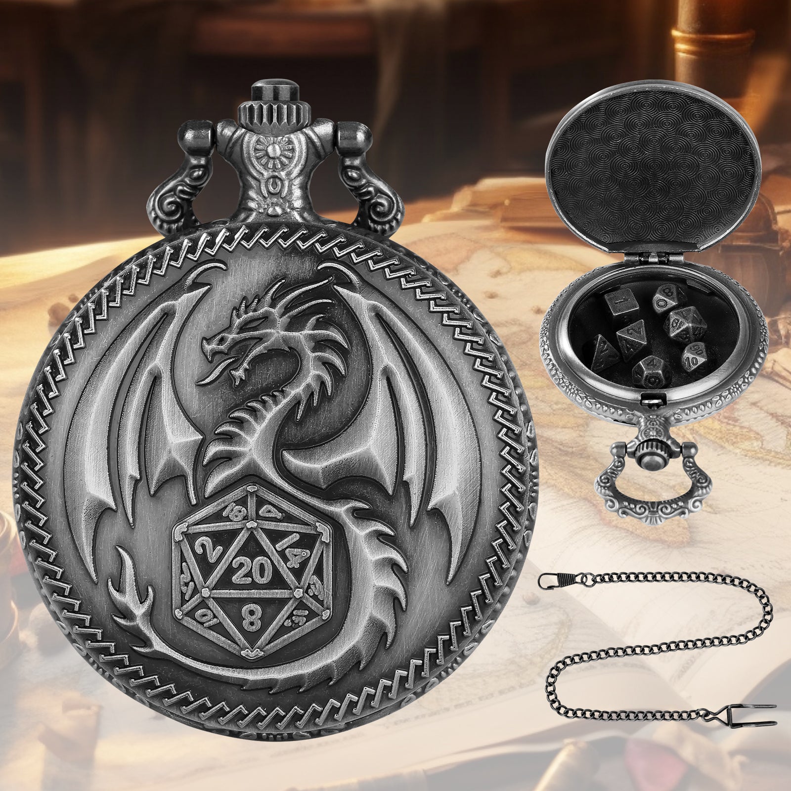 Nat20 Dragon - Würfel Taschenuhr | inkl. 7 teiliges Mini Metallwürfelset
