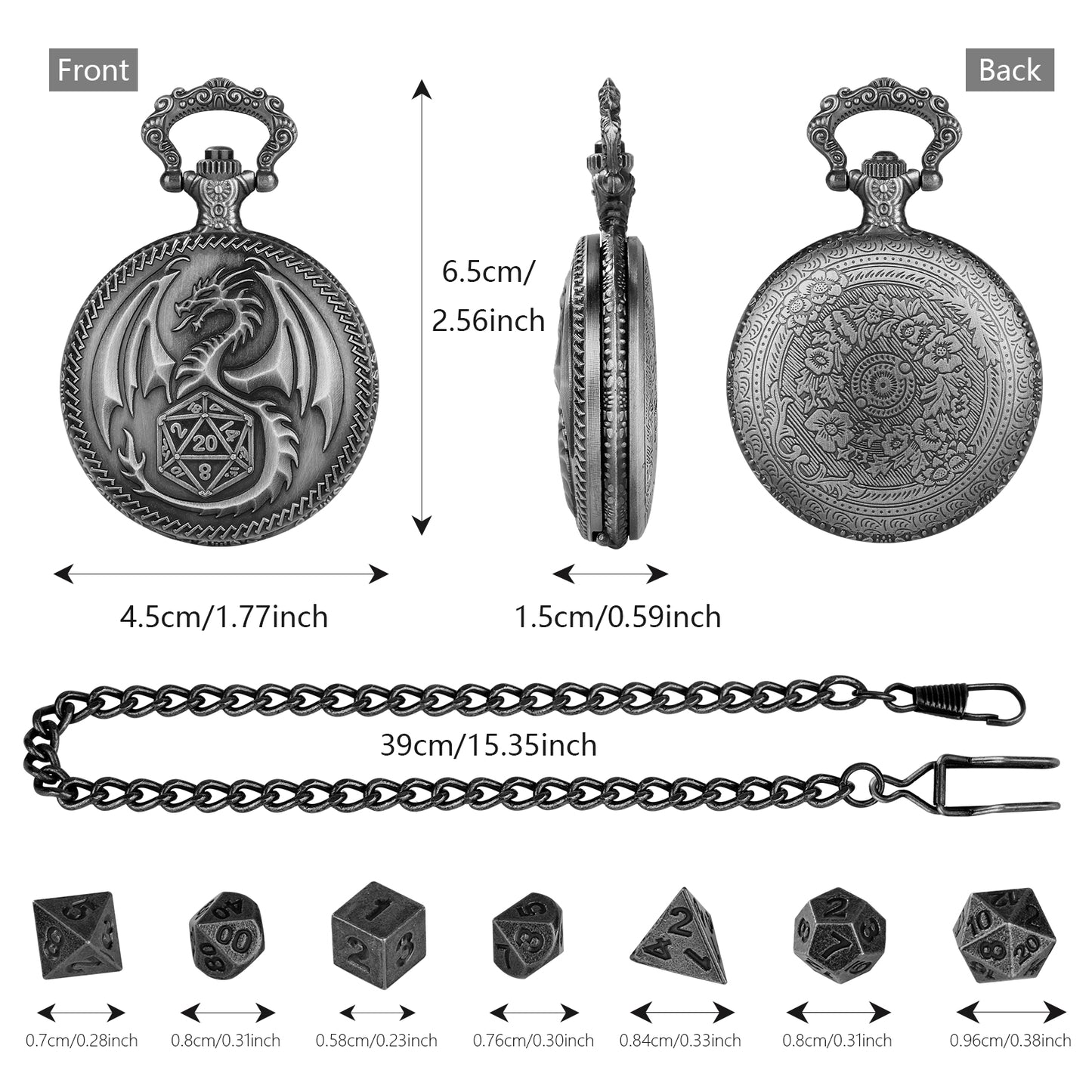 Nat20 Dragon - Würfel Taschenuhr | inkl. 7 teiliges Mini Metallwürfelset