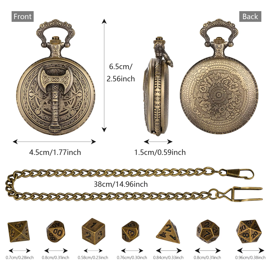Bronzeaxt - Würfel Taschenuhr | inkl. 7 teiliges Mini Metallwürfelset