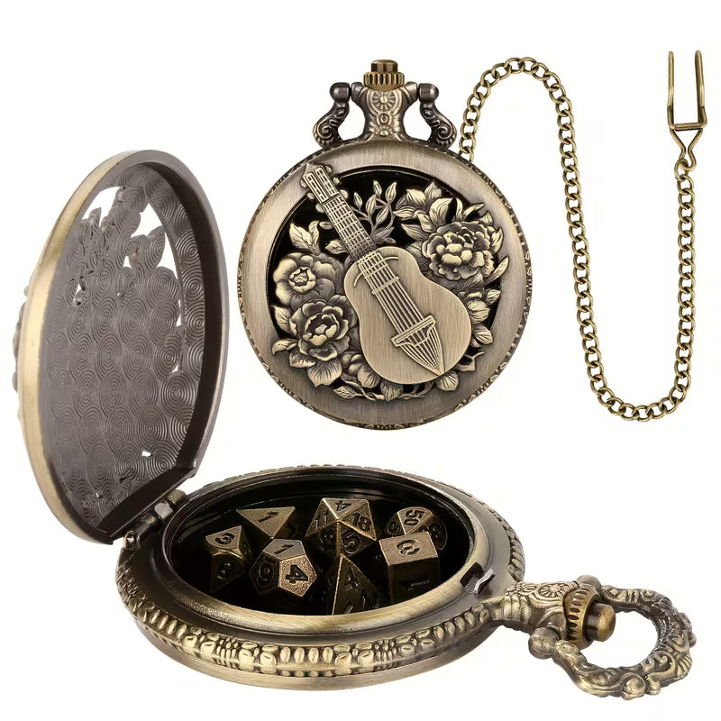 Barden - Würfel Taschenuhr | inkl. 7 teiliges Mini Metallwürfelset | Uhr