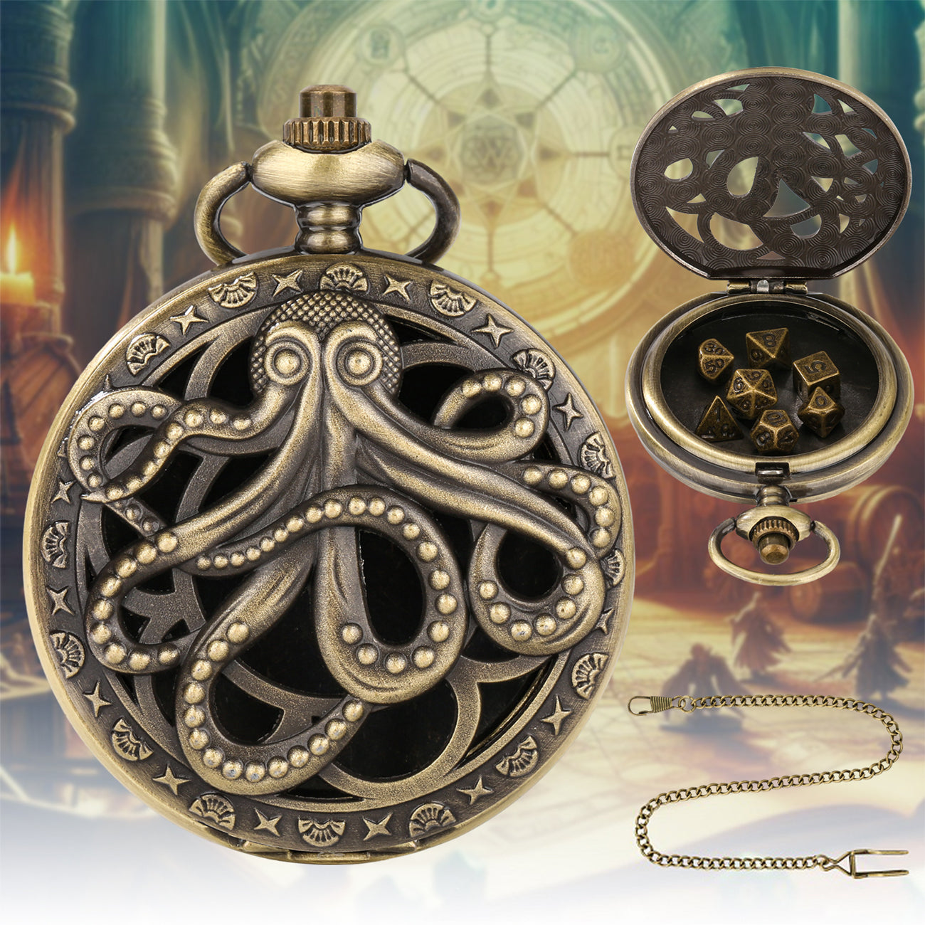 Würfel Taschenuhr - Octopus Design | inkl. 7 teiliges Mini Metallwürfelset