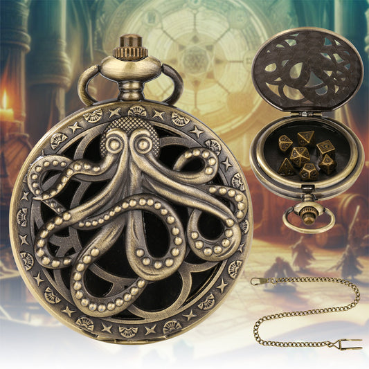 Würfel Taschenuhr - Octopus Design | inkl. 7 teiliges Mini Metallwürfelset
