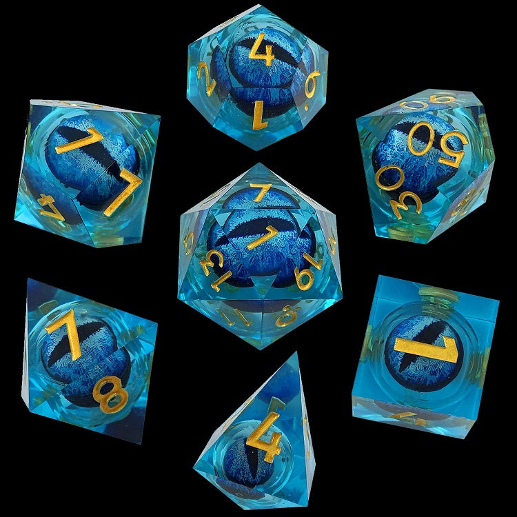 Drachenaugen Würfel mit flüssigem Kern | Blau | Set 7-Teilig