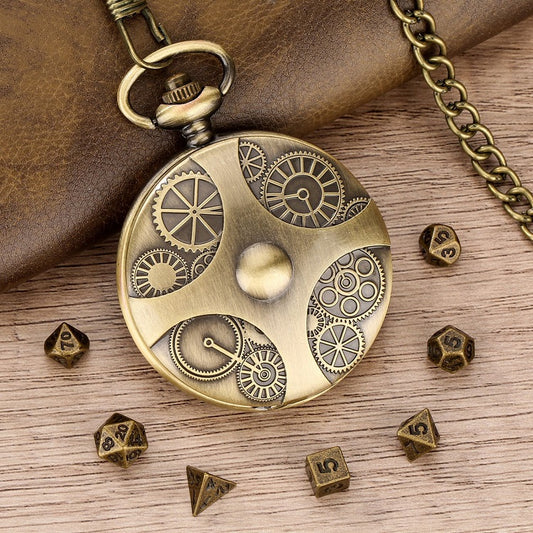 Würfel Taschenuhr - Uhrwerk Design | inkl. 7 teiliges Mini Metallwürfelset