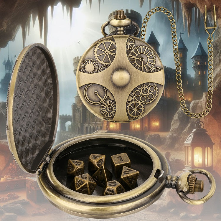 Würfel Taschenuhr - Uhrwerk Design | inkl. 7 teiliges Mini Metallwürfelset