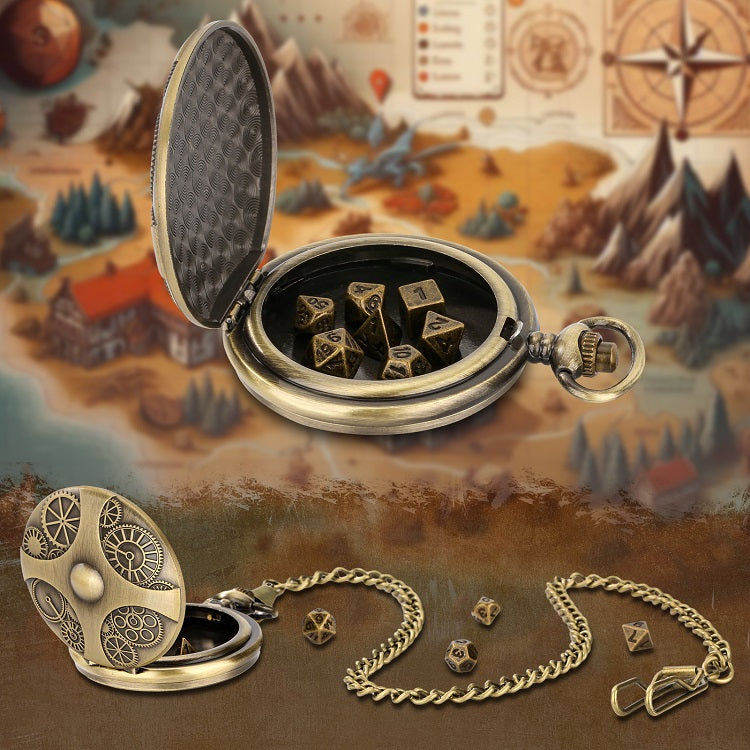 Würfel Taschenuhr - Uhrwerk Design | inkl. 7 teiliges Mini Metallwürfelset