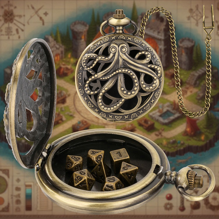 Würfel Taschenuhr - Octopus Design | inkl. 7 teiliges Mini Metallwürfelset