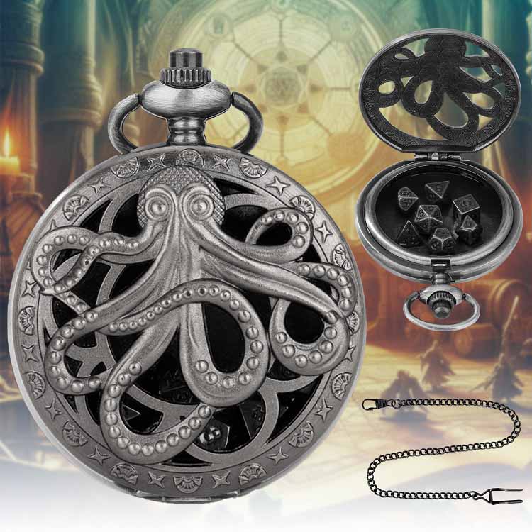 Würfel Taschenuhr - Octopus Design | inkl. 7 teiliges Mini Metallwürfelset