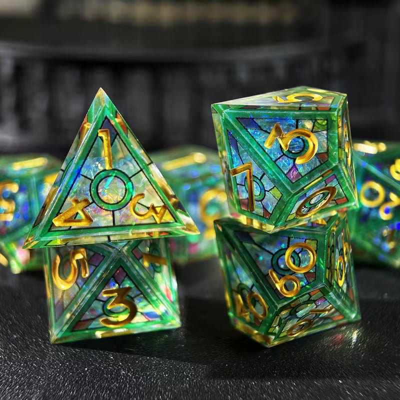 Chroma Crystal Green | 7-teiliges Würfelset mit Würfelbeutel