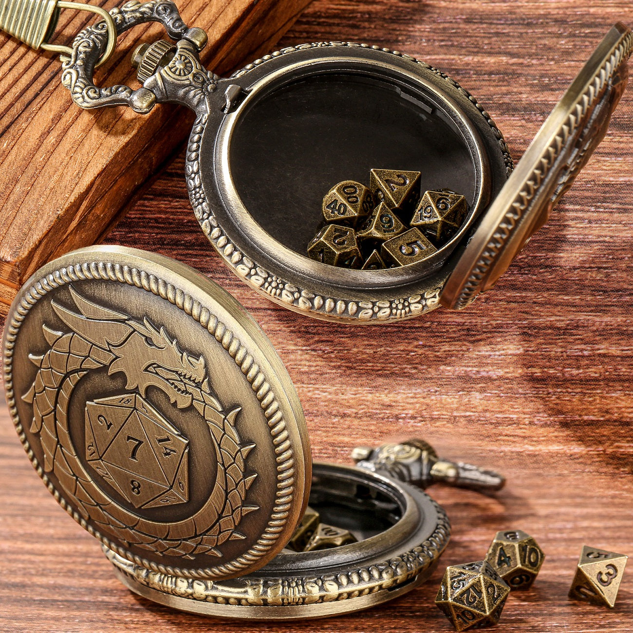 Infinity Dragon D20 - Würfel Taschenuhr | inkl. 7 teiliges Mini Metallwürfelset