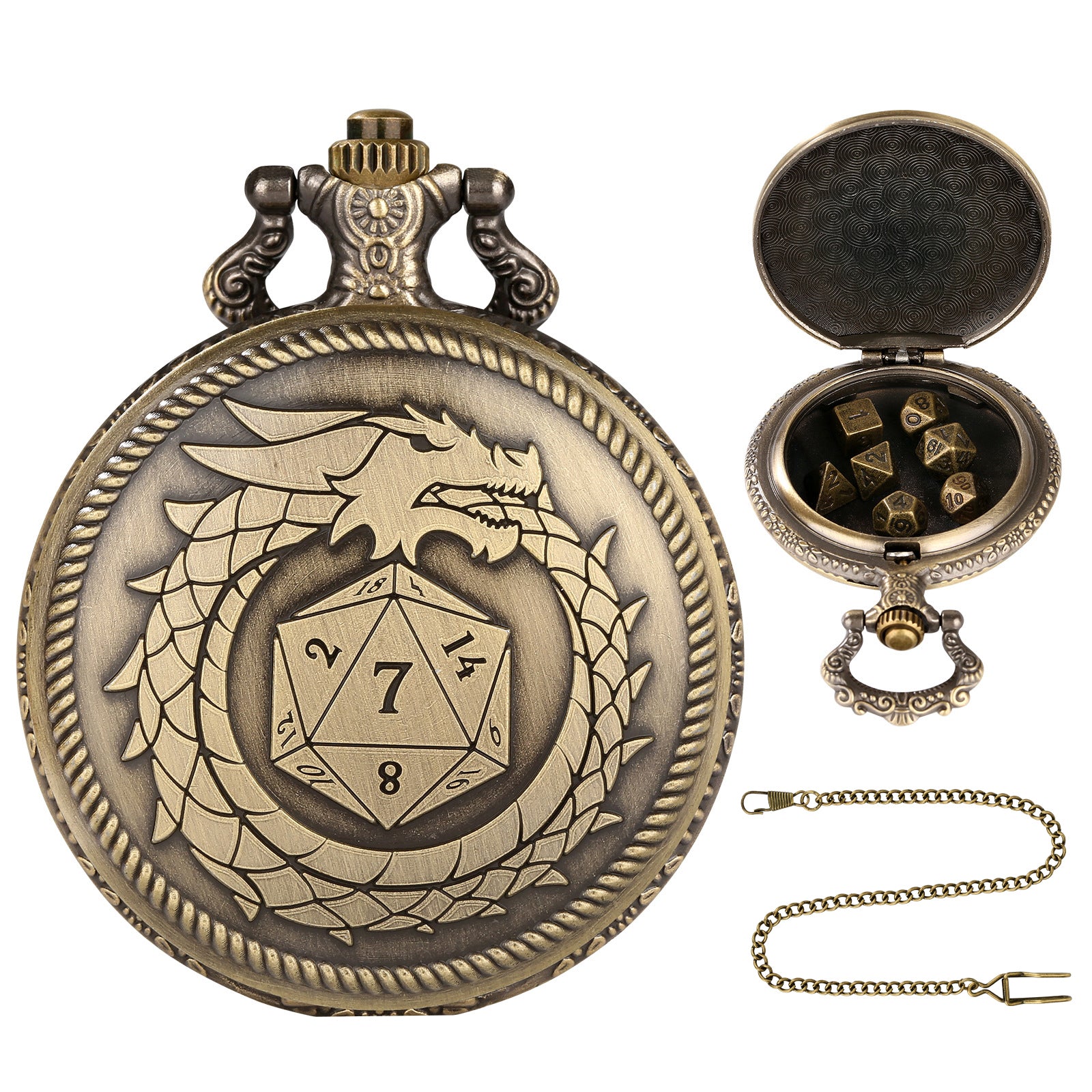 Infinity Dragon D20 - Würfel Taschenuhr | inkl. 7 teiliges Mini Metallwürfelset